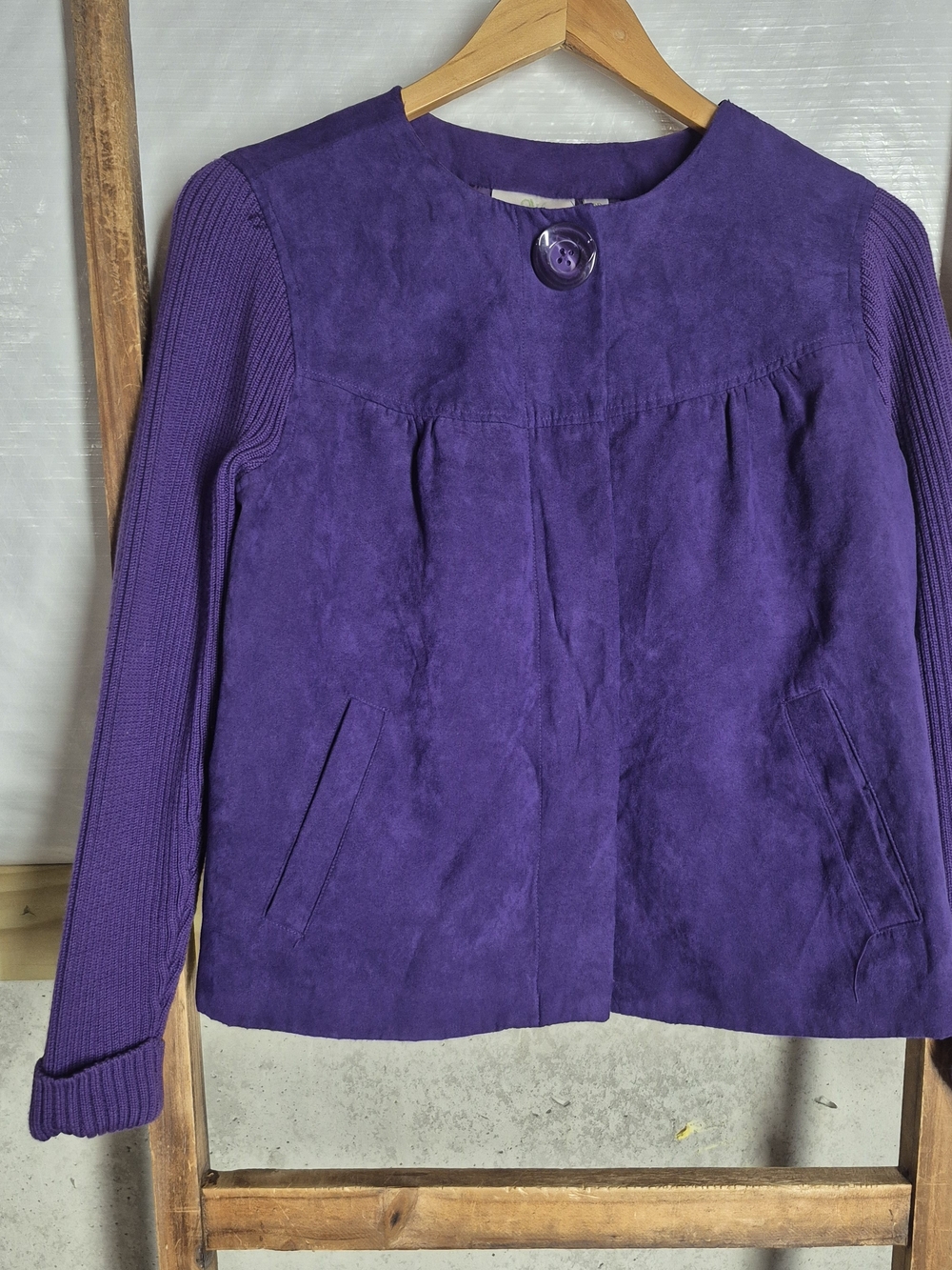 Studio Purple Suede Front & Knit Sleeve Crew-Neck Sweater Jacket